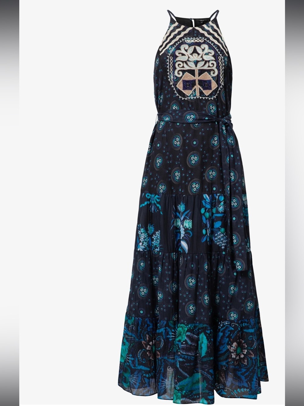 Desigual Embroidered Navy Midi Halter Dress with Teal & Cream Accents New Size L - Picture 4 of 8